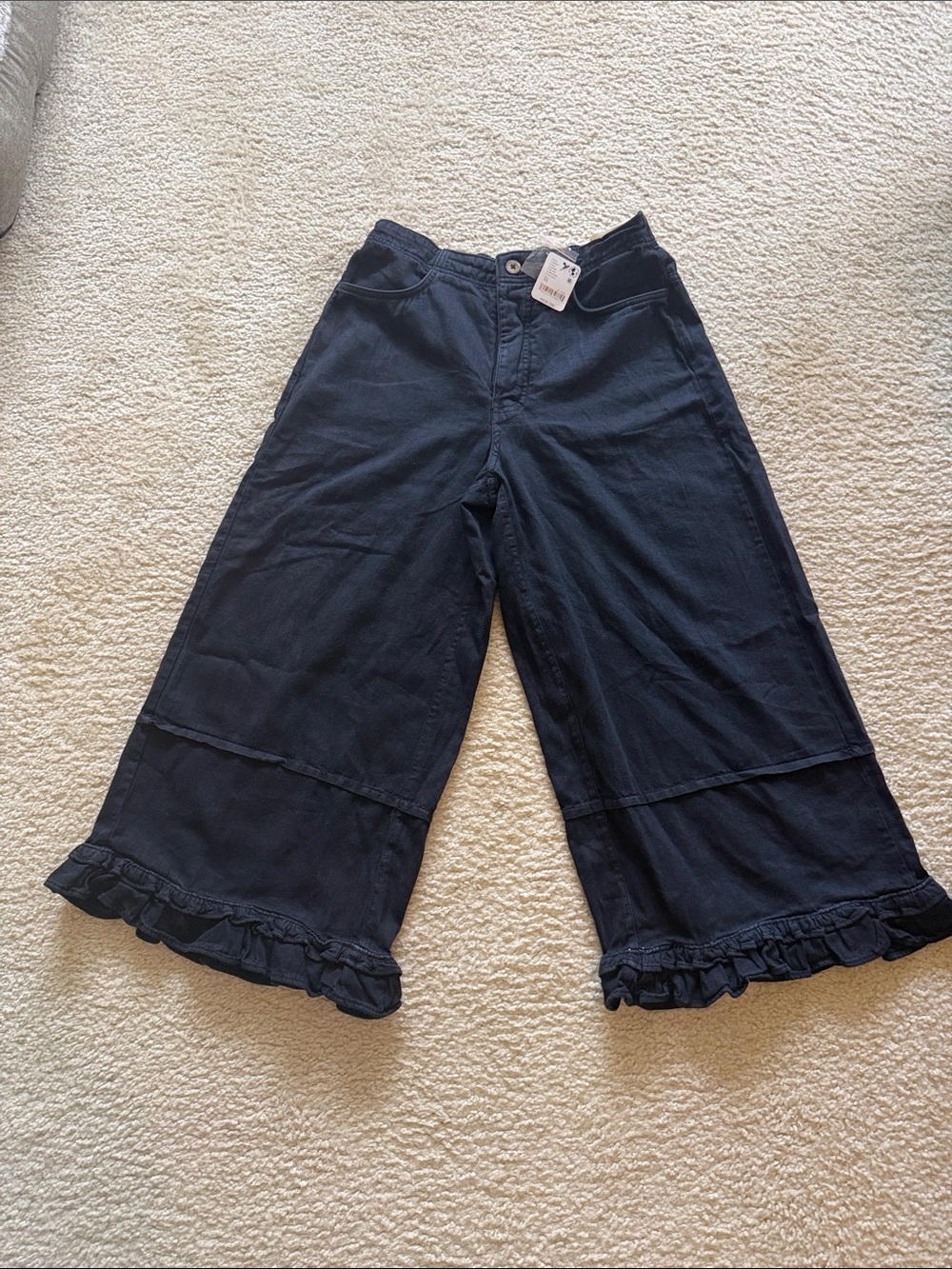 Free People Navy Ruffle-Hem Wide Leg Jeans